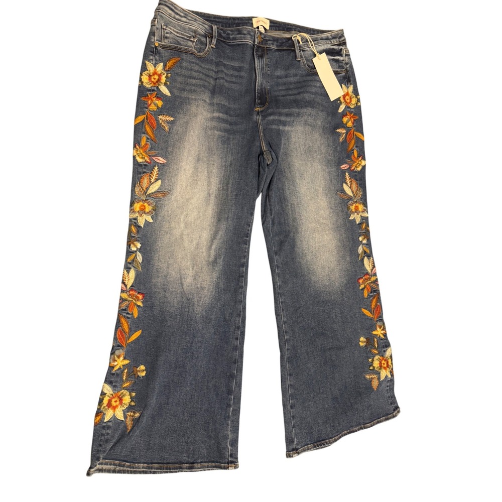 Driftwood Charlee Embroidered Floral Wide Leg Jeans Medium Wash W22 L31 NWT